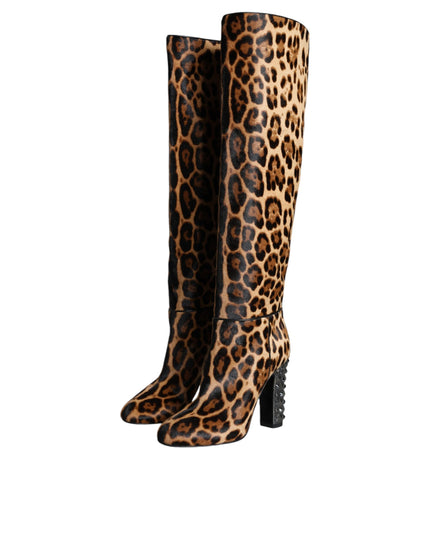 Dolce & Gabbana Beige Black Leopard Knee High Boots Shoes