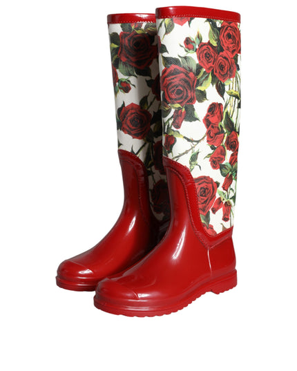 Dolce & Gabbana Red Floral Rubber Knee High Flat Boots Shoes