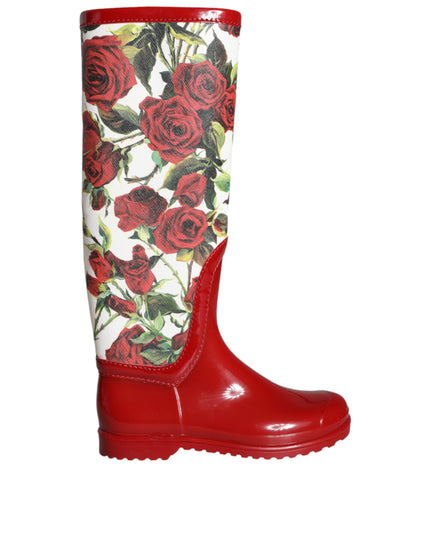 Dolce & Gabbana Red Floral Rubber Knee High Flat Boots Shoes