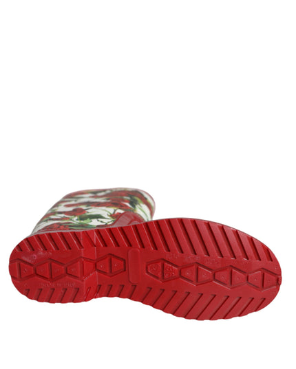 Dolce & Gabbana Red Floral Rubber Knee High Flat Boots Shoes