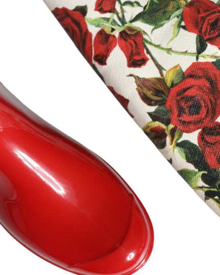 Dolce & Gabbana Red Floral Rubber Knee High Flat Boots Shoes