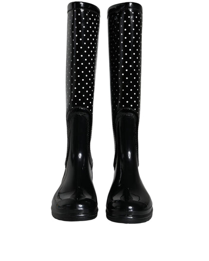 Dolce & Gabbana Black Polka Dot Rubber Knee High Boots Shoes