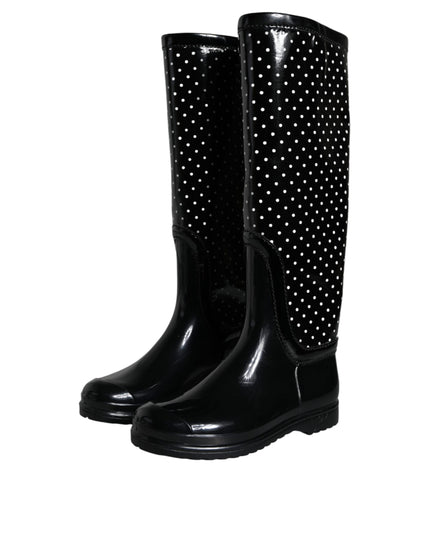 Dolce & Gabbana Black Polka Dot Rubber Knee High Boots Shoes