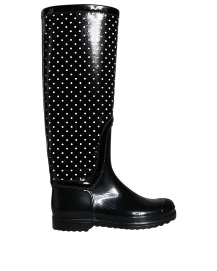 Dolce & Gabbana Black Polka Dot Rubber Knee High Boots Shoes