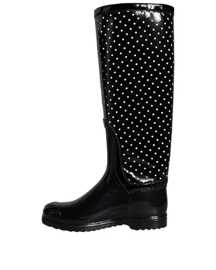 Dolce & Gabbana Black Polka Dot Rubber Knee High Boots Shoes