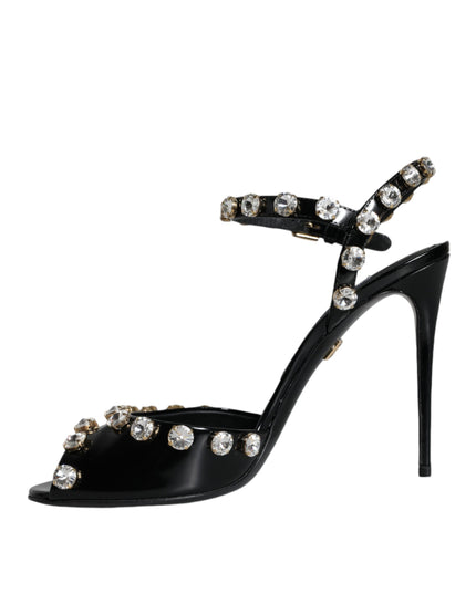 Dolce & Gabbana Black Leather Crystal Ankle Strap Sandals Shoes
