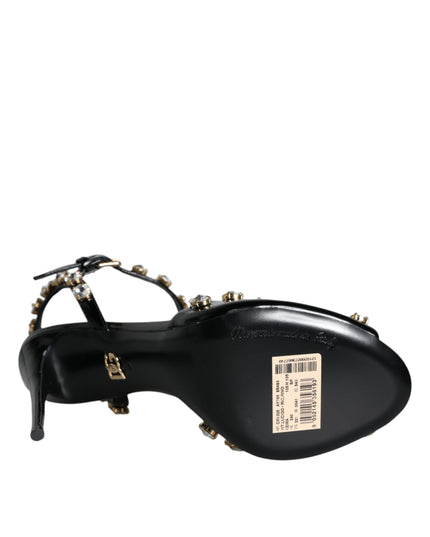 Dolce & Gabbana Black Leather Crystal Ankle Strap Sandals Shoes