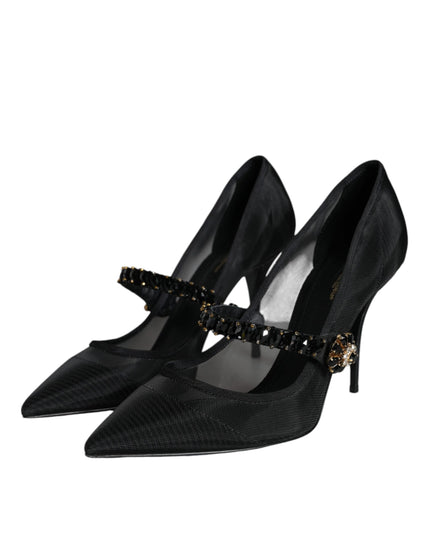 Dolce & Gabbana Black Mesh Mary Jane Crystal Heel Pumps Shoes
