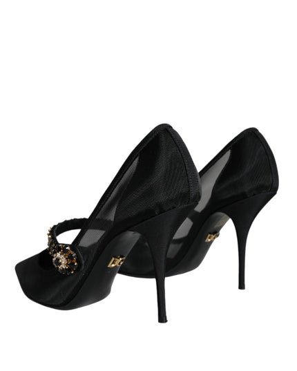 Dolce & Gabbana Black Mesh Mary Jane Crystal Heel Pumps Shoes