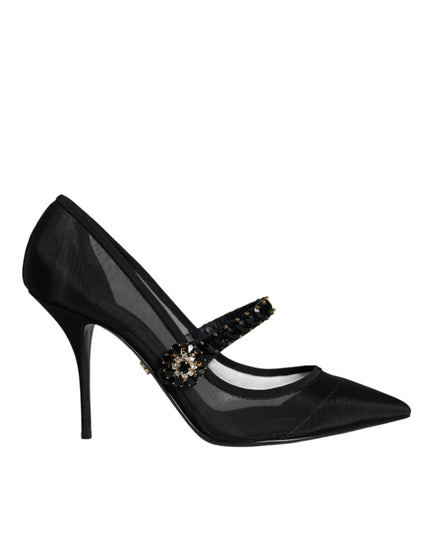 Dolce & Gabbana Black Mesh Mary Jane Crystal Heel Pumps Shoes