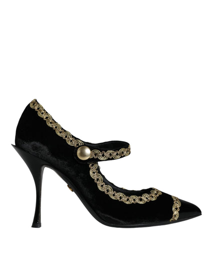 Dolce & Gabbana Black Mary Janes Velvet Gold Pumps Shoes