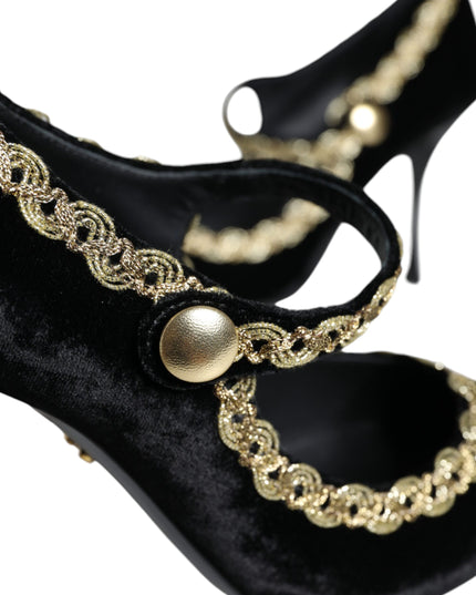 Dolce & Gabbana Black Mary Janes Velvet Gold Pumps Shoes