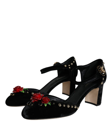 Dolce & Gabbana Black Velvet Roses Ankle Strap Pumps Shoes