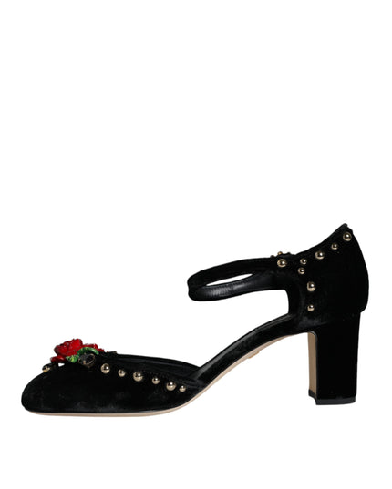 Dolce & Gabbana Black Velvet Roses Ankle Strap Pumps Shoes