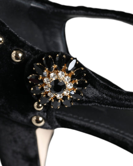 Dolce & Gabbana Black Velvet Roses Ankle Strap Pumps Shoes