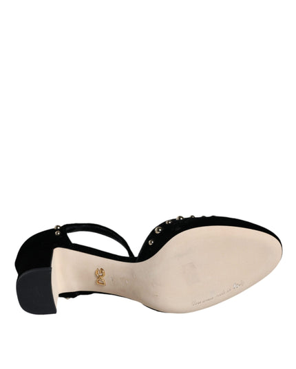 Dolce & Gabbana Black Velvet Roses Ankle Strap Pumps Shoes