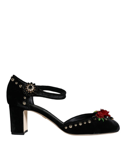 Dolce & Gabbana Black Velvet Roses Ankle Strap Pumps Shoes