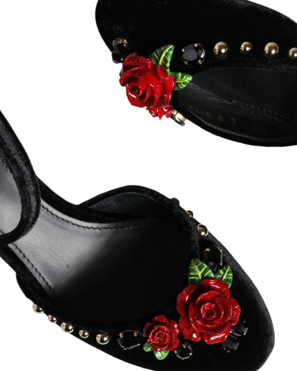 Dolce & Gabbana Black Velvet Roses Ankle Strap Pumps Shoes