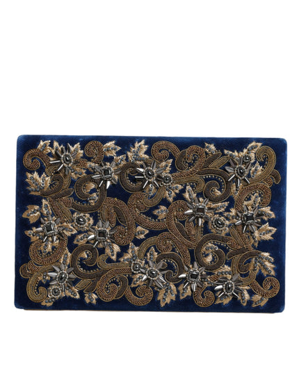 Dolce & Gabbana Blue Velvet Gold Frame Clutch Evening Party Purse Bag