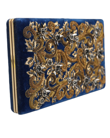 Dolce & Gabbana Blue Velvet Gold Frame Clutch Evening Party Purse Bag
