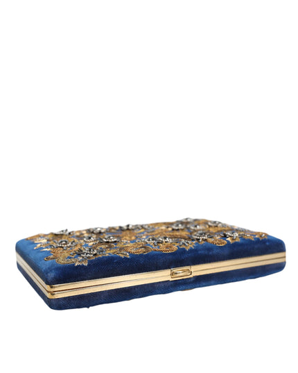 Dolce & Gabbana Blue Velvet Gold Frame Clutch Evening Party Purse Bag