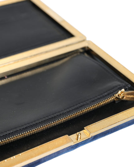 Dolce & Gabbana Blue Velvet Gold Frame Clutch Evening Party Purse Bag
