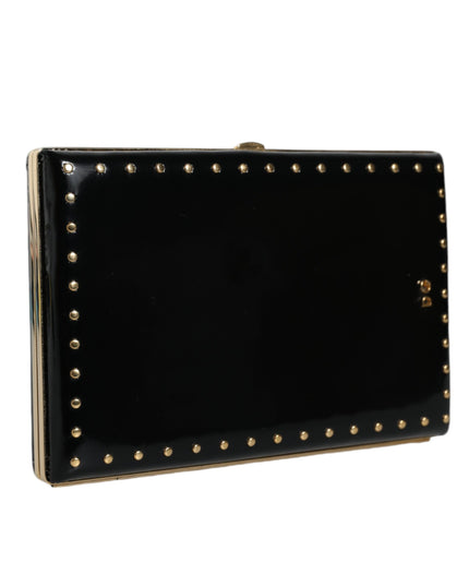 Dolce & Gabbana Black Leather Studs Gold Frame Clutch Evening Purse Bag