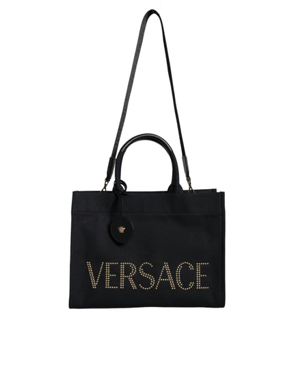 Versace Black Top Handle Canvas Leather Logo Crossbody Tote Bag
