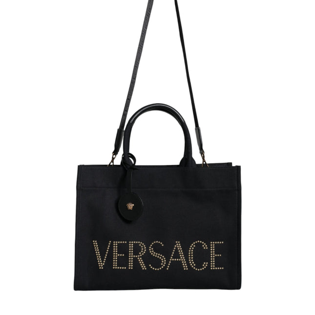 Versace Black Top Handle Canvas Leather Logo Crossbody Tote Bag