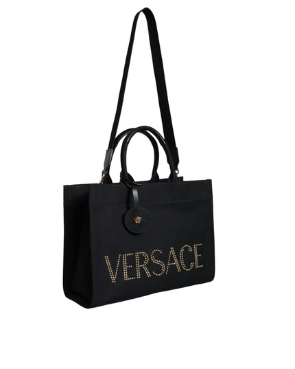 Versace Black Top Handle Canvas Leather Logo Crossbody Tote Bag