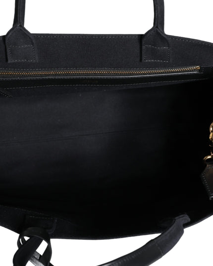 Versace Black Top Handle Canvas Leather Logo Crossbody Tote Bag