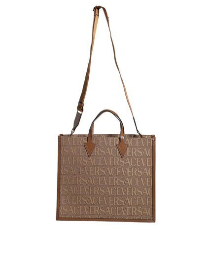 Versace Brown Top Handle Jacquard Leather Logo Crossbody Tote Bag