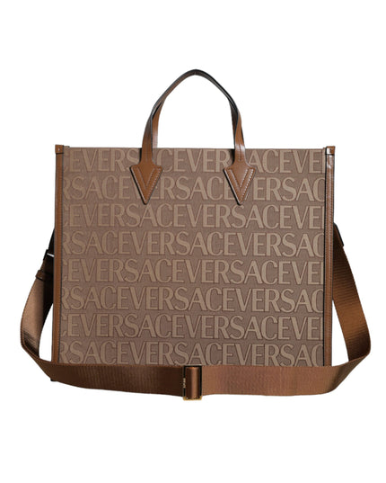 Versace Brown Top Handle Jacquard Leather Logo Crossbody Tote Bag