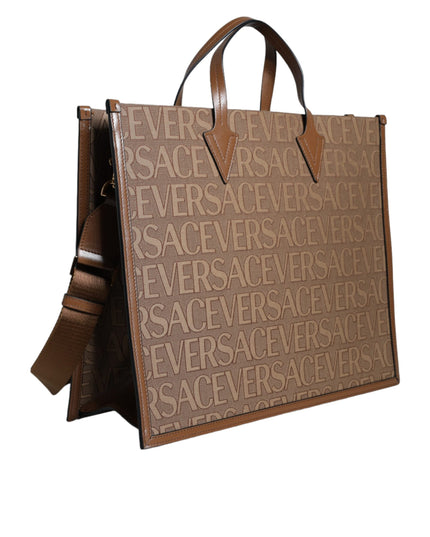 Versace Brown Top Handle Jacquard Leather Logo Crossbody Tote Bag