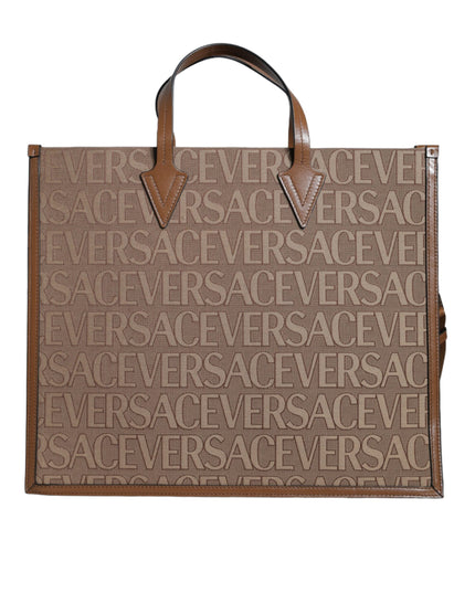 Versace Brown Top Handle Jacquard Leather Logo Crossbody Tote Bag