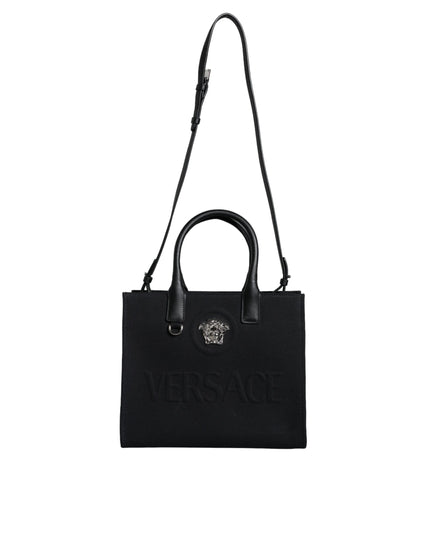 Versace Black Top Handle Canvas Leather Logo Crossbody Tote Bag