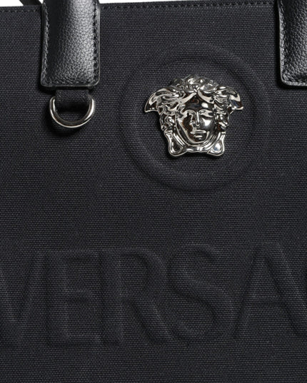 Versace Black Top Handle Canvas Leather Logo Crossbody Tote Bag