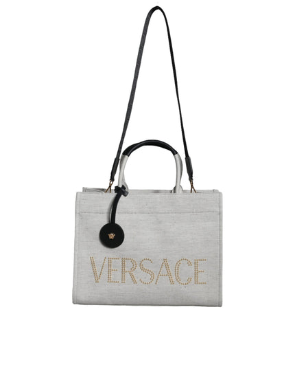 Versace White Top Handle Canvas Leather Logo Crossbody Tote Bag