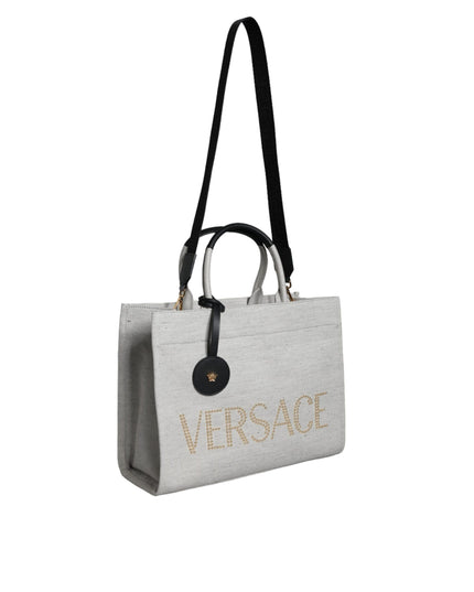 Versace White Top Handle Canvas Leather Logo Crossbody Tote Bag