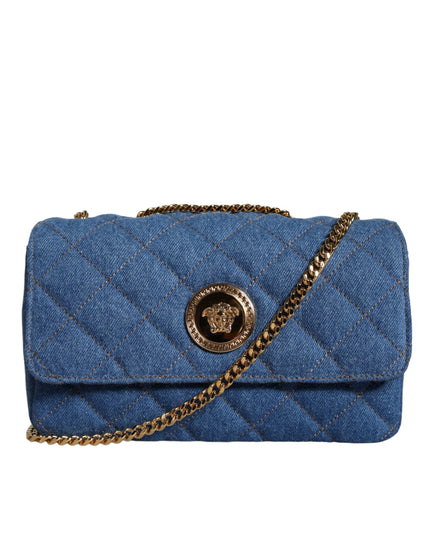 Versace Blue Quilted Denim Leather Crossbody Shoulder Bag
