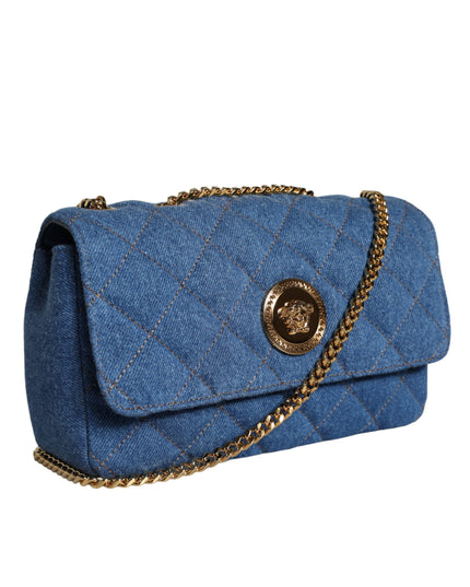 Versace Blue Quilted Denim Leather Crossbody Shoulder Bag
