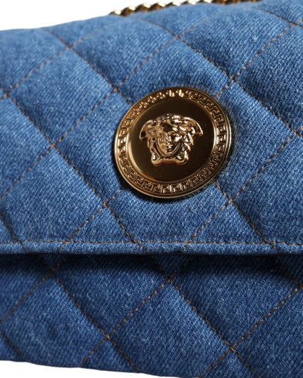 Versace Blue Quilted Denim Leather Crossbody Shoulder Bag