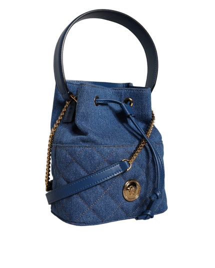 Versace Blue Quilted Denim Leather Crossbody Shoulder Bag