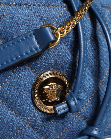 Versace Blue Quilted Denim Leather Crossbody Shoulder Bag