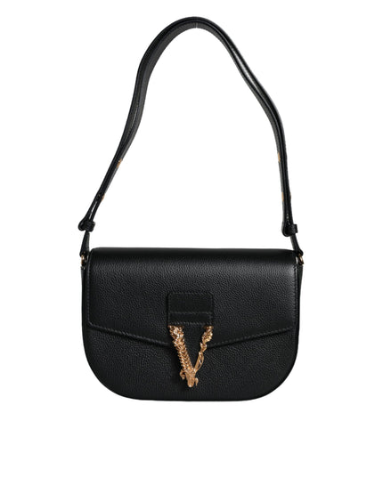 Versace Black Grainy Calf Leather Logo Crossbody Shoulder Bag