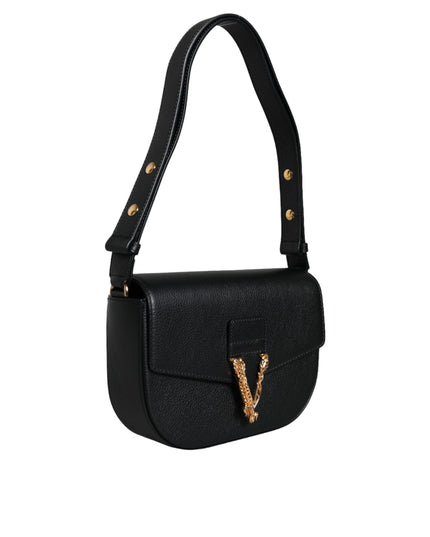 Versace Black Grainy Calf Leather Logo Crossbody Shoulder Bag