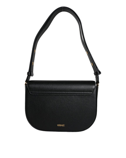 Versace Black Grainy Calf Leather Logo Crossbody Shoulder Bag