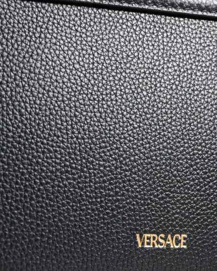 Versace Black Grainy Calf Leather Logo Crossbody Shoulder Bag