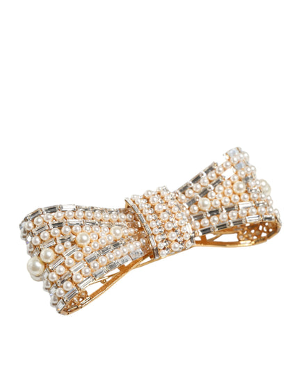 Dolce & Gabbana Gold Tone Brass Bow Crystal FauxPearl Embellished Brooch