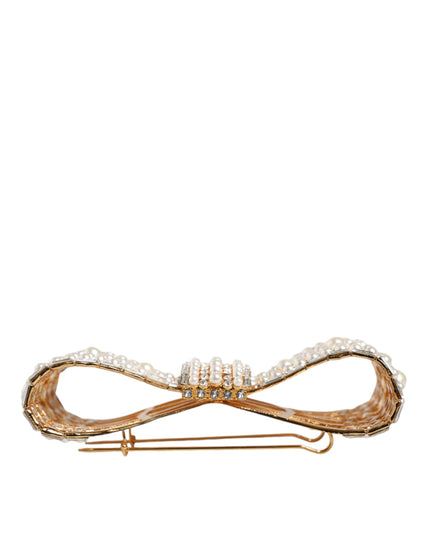Dolce & Gabbana Gold Tone Brass Bow Crystal FauxPearl Embellished Brooch
